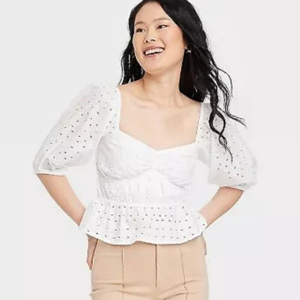 A New Day XXL Crop Top‎ Blouse White Eyelet Puff Sleeve Peplum Boho Peasant 2XL